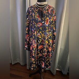 Old Navy Navy Blue Floral Tie-Neck Long Sleeve Knee Length Dress XL